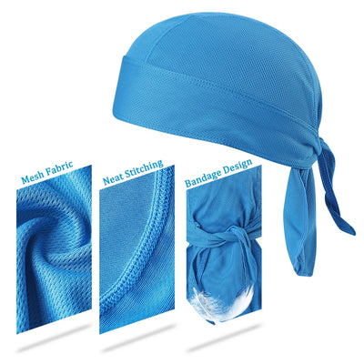 Quick-dry blue cycling headband showcasing mesh fabric, neat stitching, and bandage design for outdoor sports.