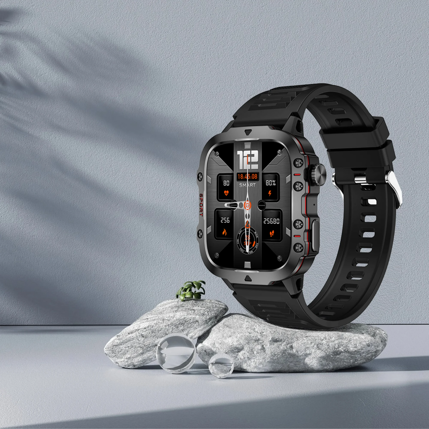 Rugged military smart watch for men, waterproof fitness tracker on stones, featuring multi-sport tracking.