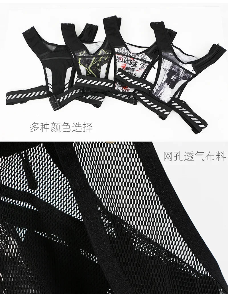 Various reflective running vests showcasing breathable mesh material and adjustable straps for comfort in outdoor sports.
