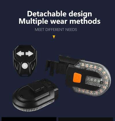 Wireless bike turn signal light with detachable design and remote, featuring multiple wear methods for safety.
