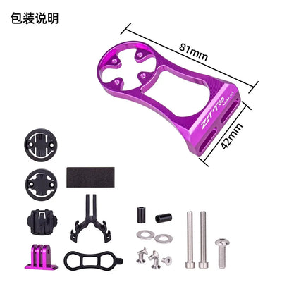 ZTTO bicycle stem computer mount for Garmin, Bryton, and GoPro, purple aluminum holder with accessories for road and MTB bikes.