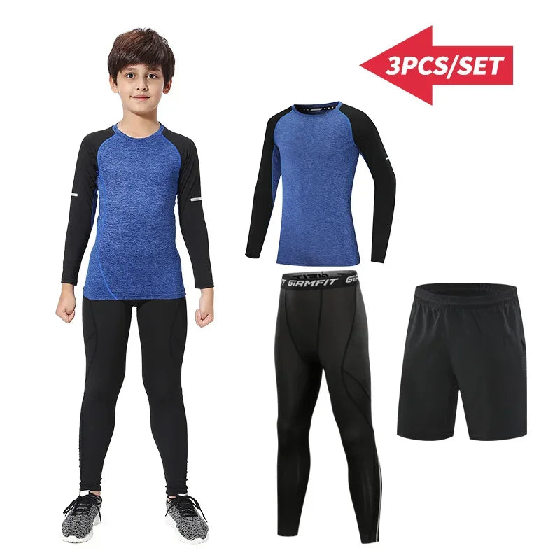 Kids thermal sports set with compression tights and shirt, ideal for winter running and outdoor activities.