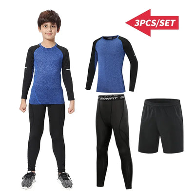 Kids thermal sports set with compression tights and shirt, ideal for winter running and outdoor activities.