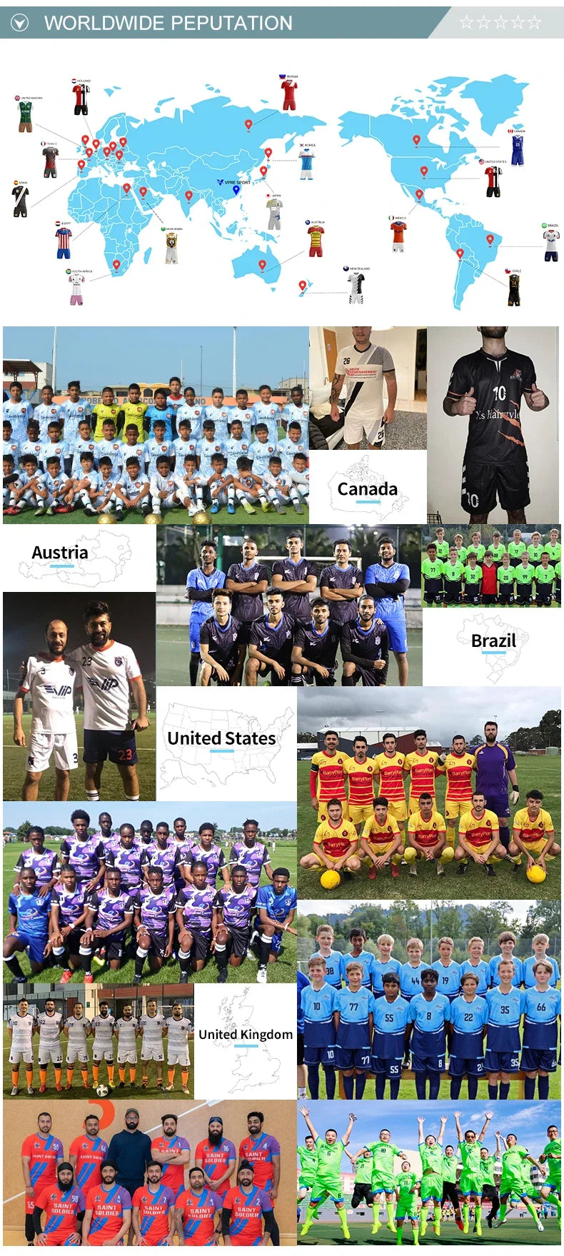 World map with soccer teams from Austria, Canada, Brazil, United States, and United Kingdom, showcasing global reputation.