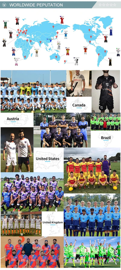 World map with soccer teams from Austria, Canada, Brazil, United States, and United Kingdom, showcasing global reputation.