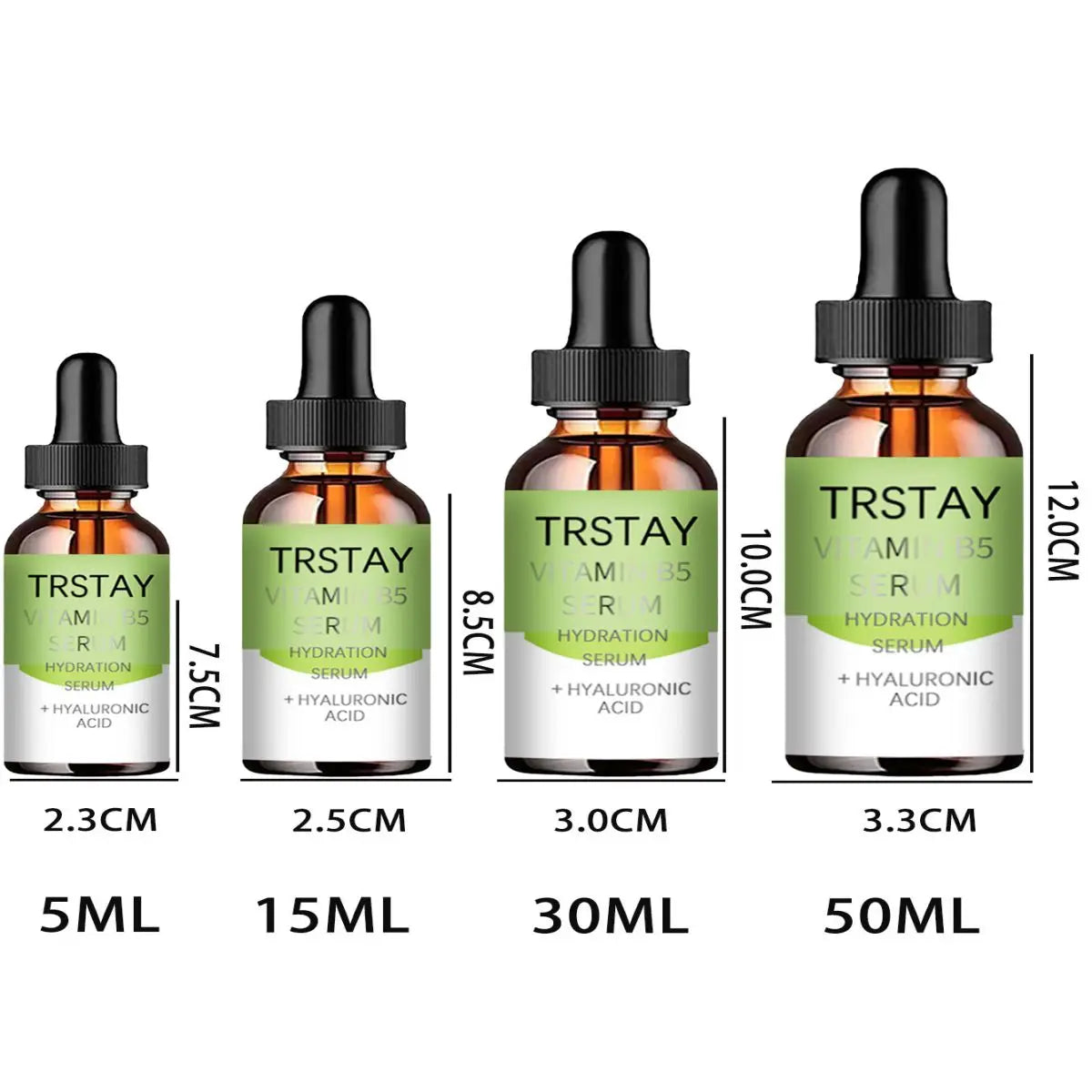 TRSTAY Vitamin B5 Serum bottles in various sizes, designed for hydrating and brightening dull skin, suitable for all genders.