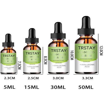 TRSTAY Vitamin B5 Serum bottles in various sizes, designed for hydrating and brightening dull skin, suitable for all genders.