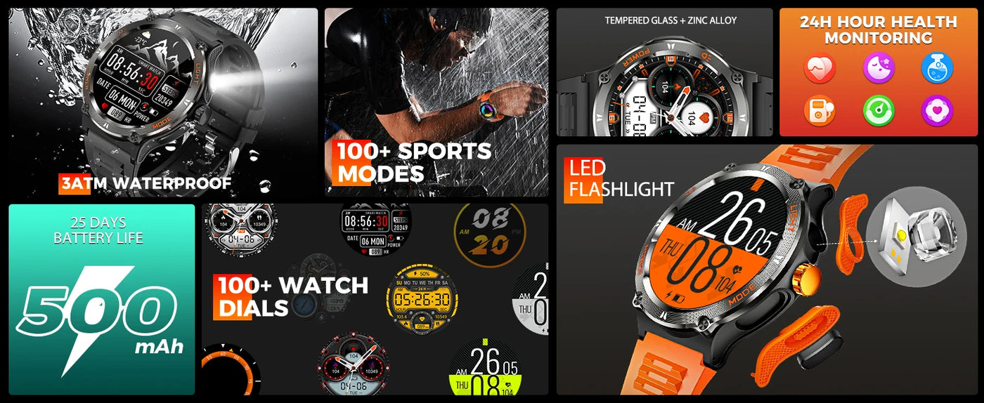 LaNikar Smart Watch showcasing waterproof features, sports modes, long battery life, and health monitoring capabilities.