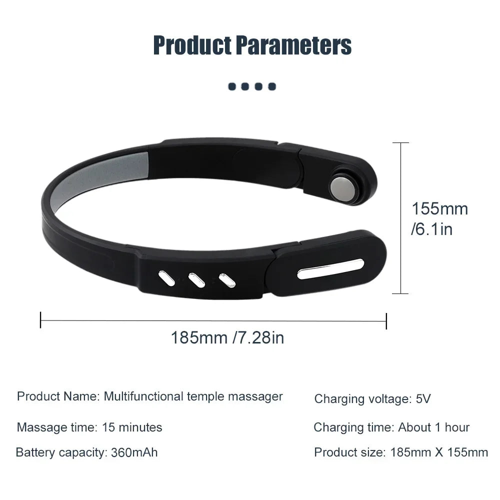 Product parameters of a multifunctional temple massager, dimensions 185mm x 155mm, battery 360mAh, charging voltage 5V.