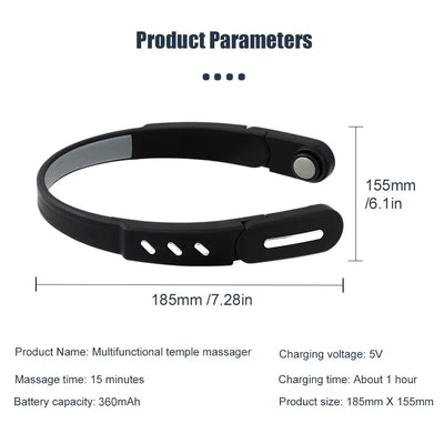 Product parameters of a multifunctional temple massager, dimensions 185mm x 155mm, battery 360mAh, charging voltage 5V.