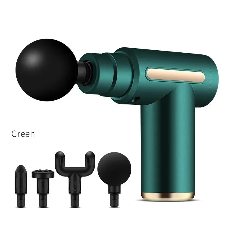 Deep Tissue Massage Gun in green with multiple massage heads for muscle relaxation and recovery.