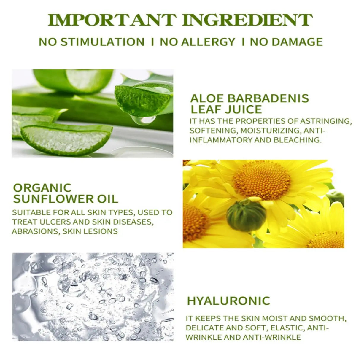 Image showcasing crucial ingredients: Aloe Barbadensis leaf juice, organic sunflower oil, and hyaluronic acid benefits.