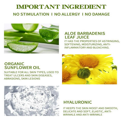 Image showcasing crucial ingredients: Aloe Barbadensis leaf juice, organic sunflower oil, and hyaluronic acid benefits.