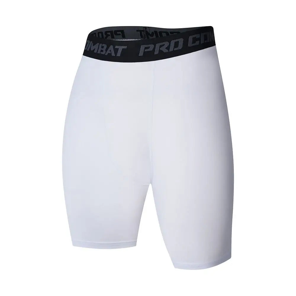 Men's compression shorts in white with black waistband, designed for athletic performance and workouts.