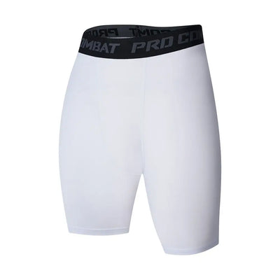 Men's compression shorts in white with black waistband, designed for athletic performance and workouts.