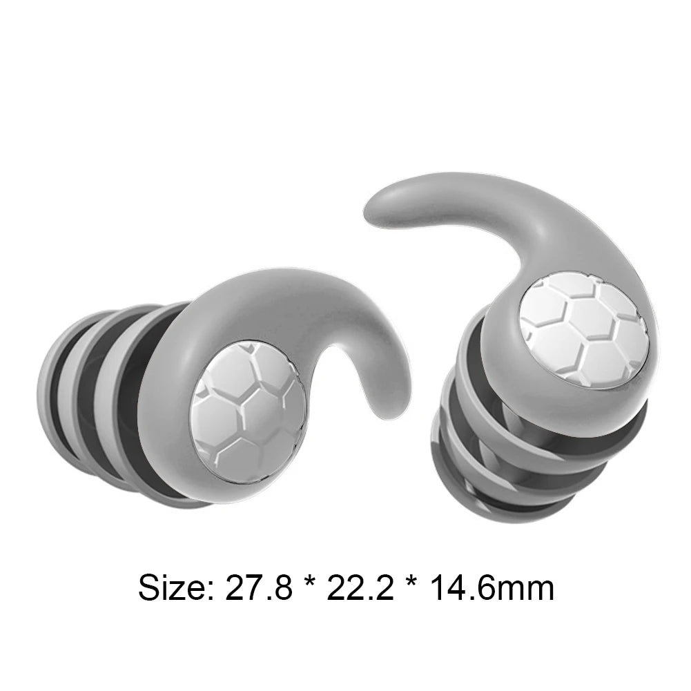 Silicone earplugs in gray, waterproof design for swimming, noise reduction for sleeping and diving, size 27.8mm x 22.2mm x 14.6mm.