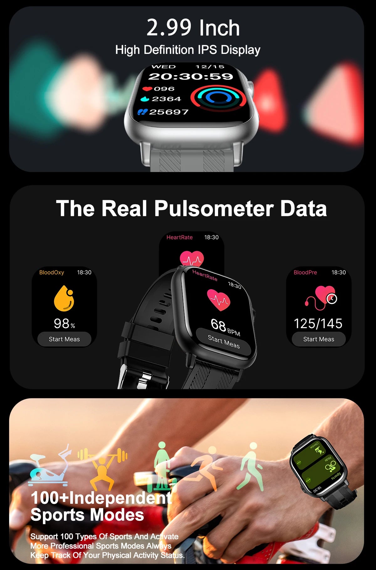 2025 Smart Watch features a 2.99 inch HD display, real pulsometer data, and 100+ sports modes for active lifestyles.