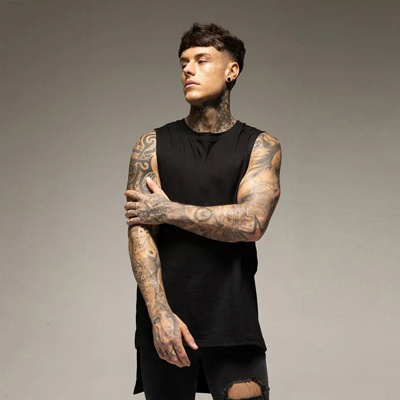 Solid Color Men's Sleeveless Shirt, Cotton Hip-Hop Vests for Fitness and Bodybuilding, Stylish and Comfortable, Black