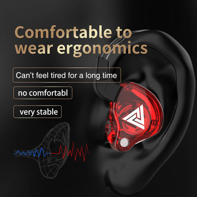 Ergonomic red wired earphones fitting comfortably in the ear with stable design for extended wear.