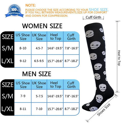 Size chart for compression socks for men and women, detailing shoe sizes and measurements for a comfortable fit.