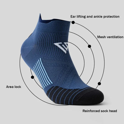 Breathable blue sports socks with mesh ventilation, ear lifting, and ankle protection features for running and fitness.