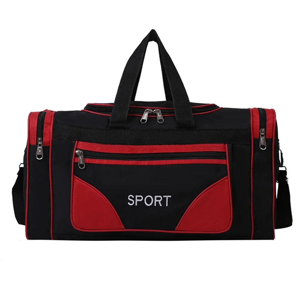 Large capacity sports bag in black and red with adjustable shoulder strap, ideal for gym and outdoor activities.
