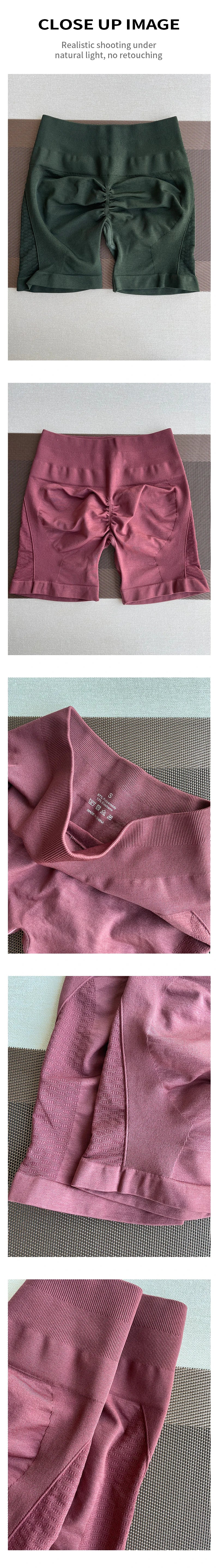 Close-up images of Ampify Contour Shorts for women in green and pink, showcasing seamless design and straight pockets.