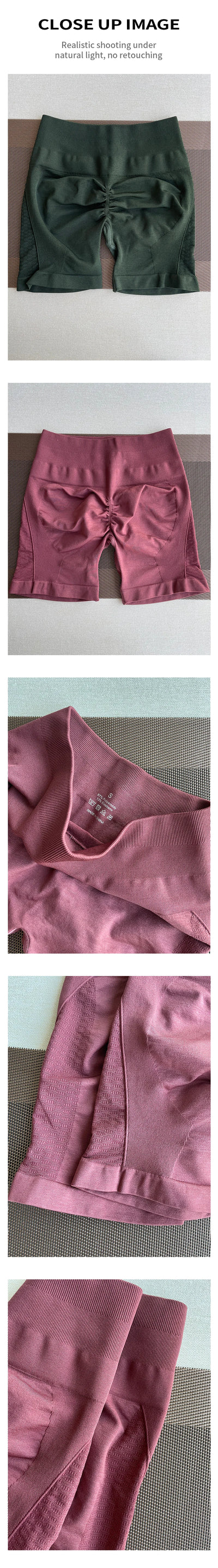 Close-up images of Ampify Contour Shorts for women in green and pink, showcasing seamless design and straight pockets.