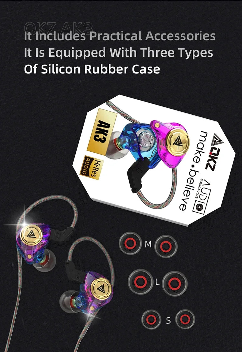 QKZ AK3 earphones with three silicon rubber case sizes for improved comfort and fit, vibrant design for sport and gaming.