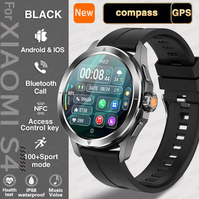 Xiaomi S4 Ultra Smartwatch showing AMOLED screen features, Bluetooth call, compass, and GPS in sleek black design.