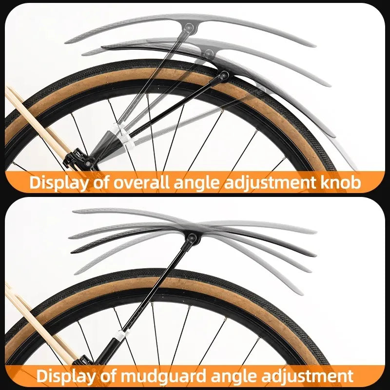 Display of bicycle mudguard angle adjustment knob and overall adjustment features for optimal fit on road bikes.