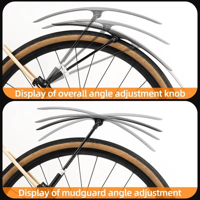 Display of bicycle mudguard angle adjustment knob and overall adjustment features for optimal fit on road bikes.