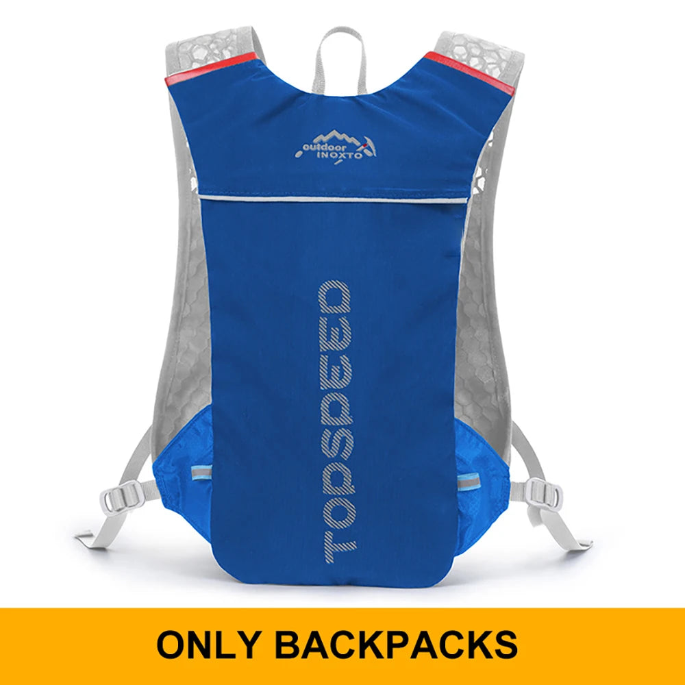 Ultralight hydration running vest backpack by INOXTO in blue, designed for breathable comfort during outdoor activities.