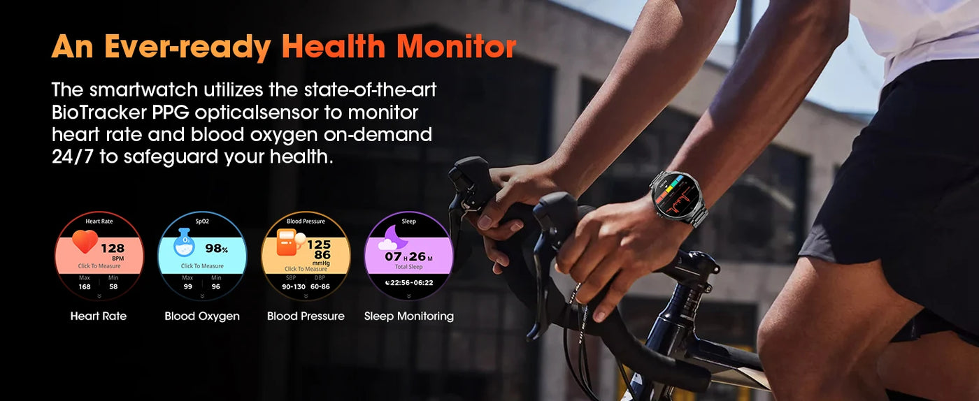 Smartwatch displaying health metrics like heart rate, blood oxygen, and blood pressure while a person cycles outdoors.