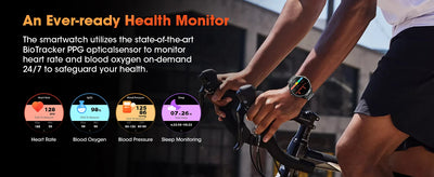 Smartwatch displaying health metrics like heart rate, blood oxygen, and blood pressure while a person cycles outdoors.