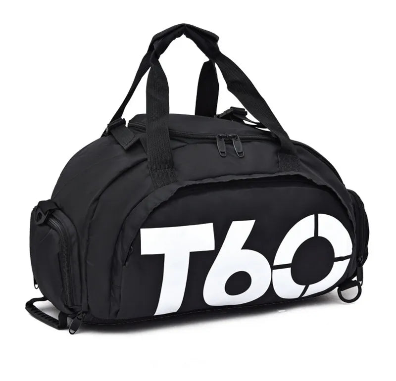 Black waterproof gym bag with 'T60' logo, ideal for fitness, yoga, and outdoor activities, designed for men and women.