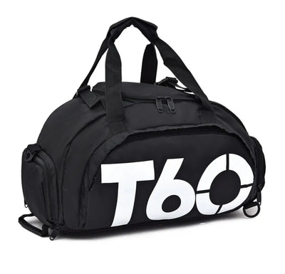 Black waterproof gym bag with 'T60' logo, ideal for fitness, yoga, and outdoor activities, designed for men and women.