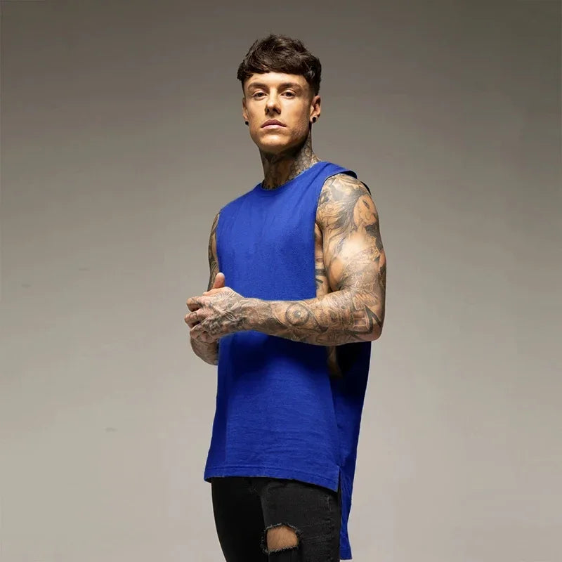 Blue sleeveless cotton tank top for men, ideal for fitness, bodybuilding, and hip-hop style.