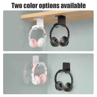 Universal headphone stand with two color options: pink and black plastic wall mount under desk headset holder.