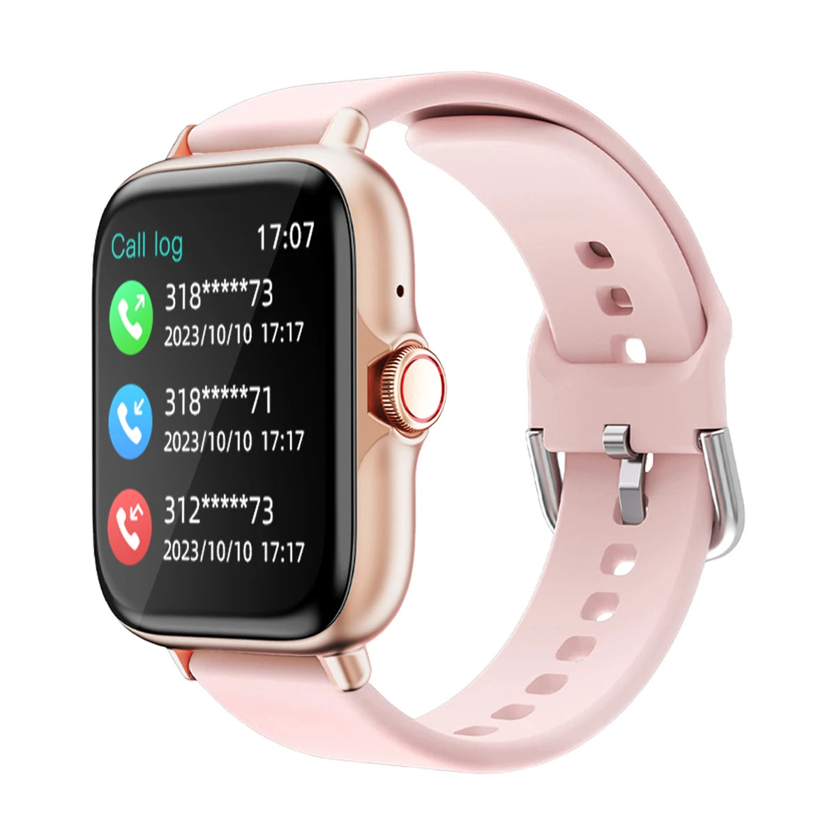 Waterproof smart watch in pink with call log and message alerts features, designed for fitness tracking and notifications.