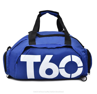 Blue waterproof gym bag with T60 logo, designed for fitness and outdoor activities, suitable for men and women.