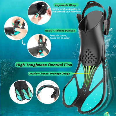Adjustable snorkel fins featuring quick-release buckles and high-toughness silicone design for scuba diving and swimming.