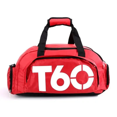 Red waterproof gym bag with T60 logo, suitable for fitness and outdoor sports, portable and ultralight design.