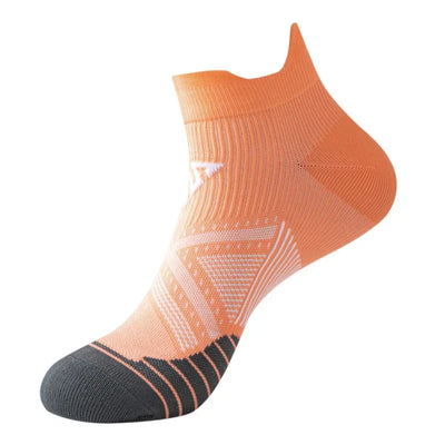 Breathable orange running socks for men and women, designed for fitness and marathons, featuring quick-dry material.