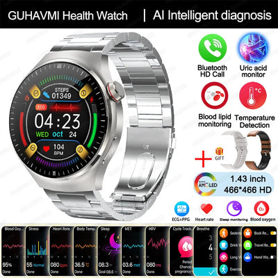 GUHAVMI Health Smartwatch with temperature sensor, Bluetooth calling, and intelligent diagnosis features.