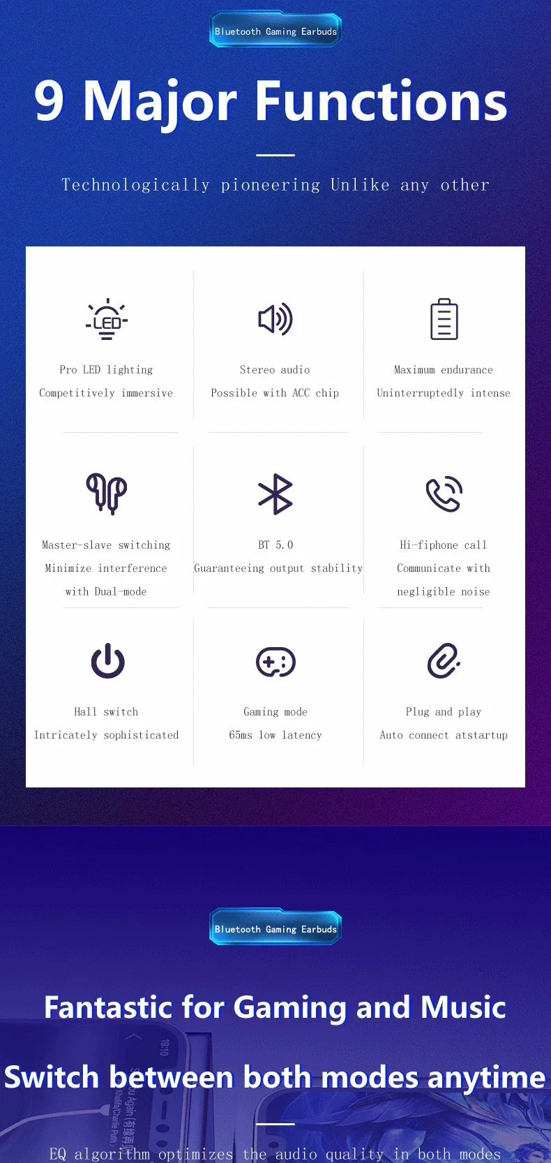 Graphic showcasing 9 major functions of TWS wireless Bluetooth headphones, emphasizing features for gaming and music.