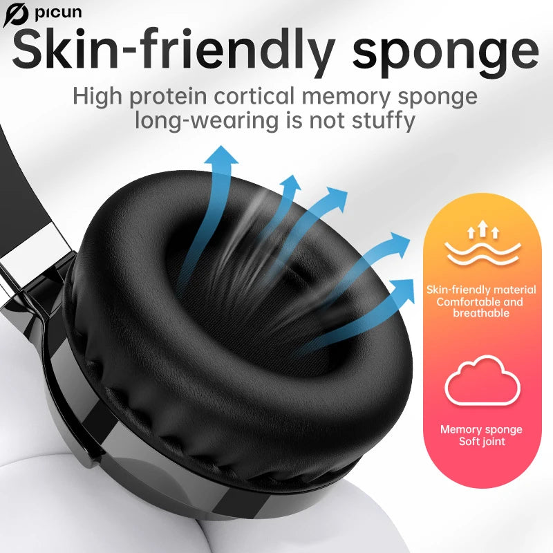 Close-up of Picun headphone earcup showing skin-friendly memory sponge for comfort during long wear.