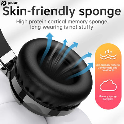 Close-up of Picun headphone earcup showing skin-friendly memory sponge for comfort during long wear.