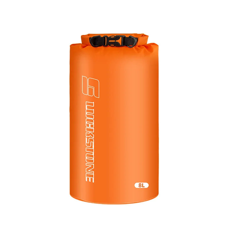 Bright orange waterproof dry bag with buckle, 8L capacity for drifting, swimming, and storage.