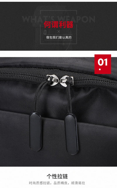 Close-up of zippers on a black softback backpack, showcasing durable design and stylish features.